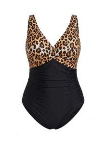 SHEIN Swim Curve 大码女式豹纹交叉连体泳衣 - 彩色 - 查看 6