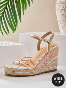 SHUZIA Wide Fit Ladies Elegant Cute Floral Print Ankle Strap Espadrille Wedge - Yellow - View 4
