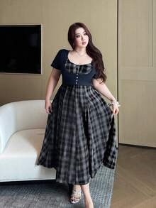 Vibekara Gaun Longgar Model A-Line Motif Kotak-kotak Cokelat Tenun, Musim Semi/Panas - MultiWarna - View 1