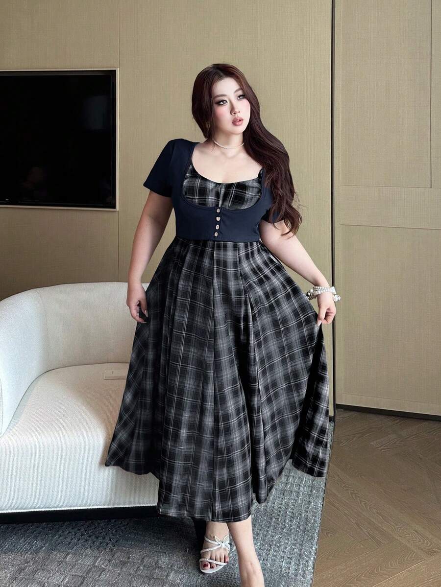 Vibekara Gaun Longgar Model A-Line Motif Kotak-kotak Cokelat Tenun, Musim Semi/Panas - MultiWarna - View 1