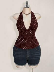 SHEIN ICON Plus Size V-Neck Cinched Waist A-Line Backless Polka Dot Camisole, Retro Y2K Halter Babydoll Top - Brown - View 3