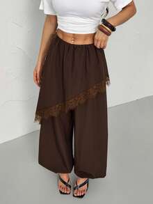 SHEIN PETITE Quần culottes hai mảnh màu nâu giả da kiểu dáng mùa xuân mới dành cho nữ, quần ống loe bất đối xứng viền ren, trang phục du lịch thời trang, quần thường ngày. Mùa hè. - màu nâu - Xem 3