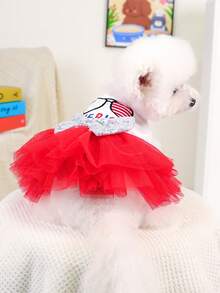 PETSIN 1 Piece Of Cat And Dog Universal Clothing, Embroidered With American Flag, Pet Puffy Skirt, Sequined Bow Decoration, Princess Style Small Dog Clothing - Red and White - View 6