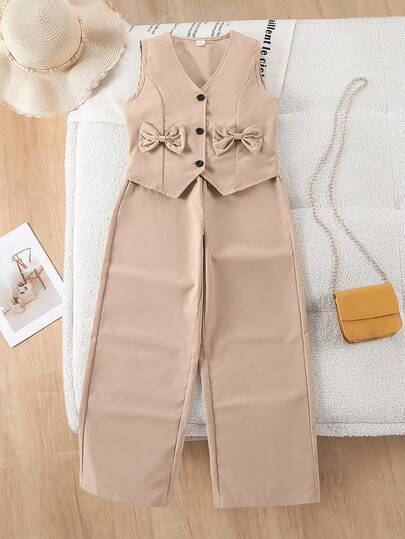 Set de 2 piezas con top sin mangas color caqui con decoración de lazo y pantalones de pierna ancha, conjunto casual para uso diario, eventos, formal, vuelta al colegio