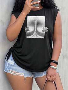 Slaydiva Women's Black And White Graphic Print Loose T-Shirt, Summer Casual Sexy Everyday Date Night Plus Size Sleeveless Tee, New Fashion Streetwear Top - Black - View 11
