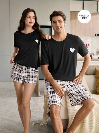 CoupledUp メンズ パジャマセット、ハート柄 半袖 チェック柄ショーツ、カジュアルルームウェア