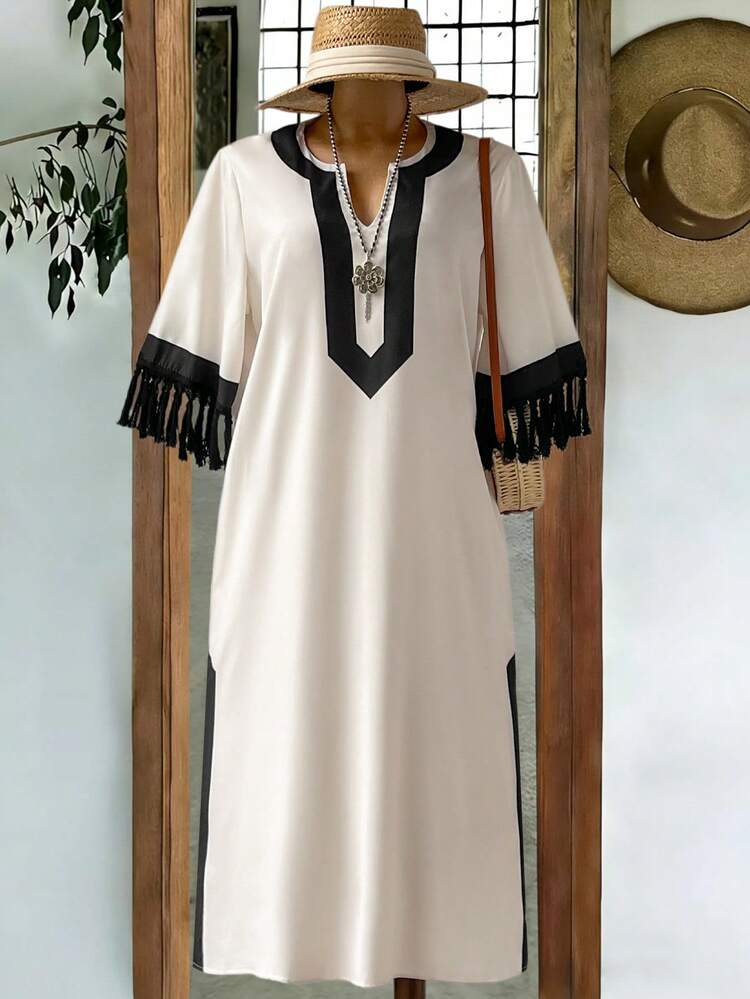 Plus Contrast Panel Fringe Trim Dress