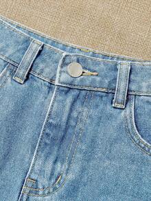 SHEIN Tween Girl Summer Boho Casual Solid Washed High Waist Solid Washed Ripped Denim Shorts With Frayed Hem And Distressed Pockets, Girls Summer Beach Vacation Baggy Shorts - Light Wash - View 4