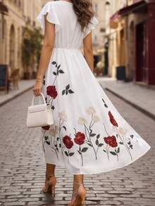 Balvessa Women's V-Neck Ruffle Sleeve Floral Print Waist Slimming Dress - White - View 2