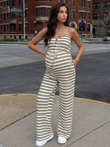 SHEIN Bộ áo liền quần bầu thiết kế cài nút, thắt eo, kiểu dáng thường ngày, có chức năng cho con bú. - Màu be - Xem 3