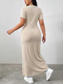 SHEIN EZwear 加大码纯色圆领修身夏季短袖连衣裙，卡其色 - 卡其色 - 查看 2