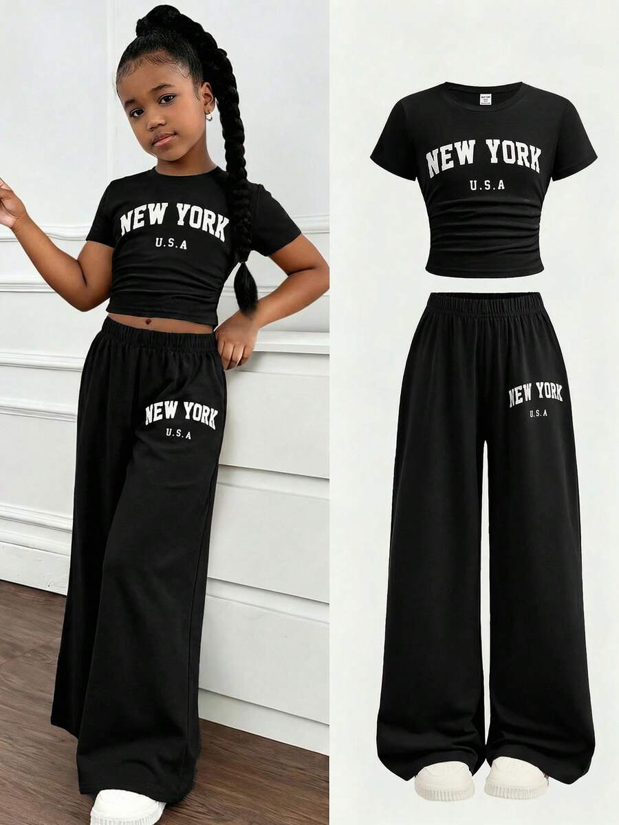 SHEIN 少女卡其色字母印花T恤和打底裤两件套,休闲日常时尚百搭 - 黑色 - 查看 1