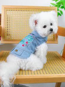 PETSIN 1件猫狗通用服装，刺绣时尚宠物外套，带防滑环，浅蓝色水洗可爱款小型犬服装 - 藍色 - 查看 4