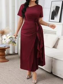 Modelyn Vestido plisado de parches con decoración floral 3D de unicolor elegante talla grande, para verano - Burdeos - Ver 3