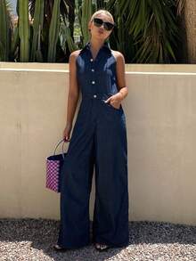 Áo liền quần denim nữ kiểu dáng thường ngày, có túi. - Rửa trung bình - Xem 4