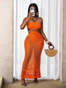 BamGleam Women's Sexy Hollow Out Fishnet Design Strapless Vacation/Date Dress - Orange - View 3