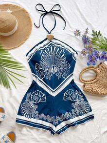 Soleia Plus Size Halter Neck Floral Romper,Blue And White,Summer,Boho,Vacation,Holiday, Shell Print Jumpsuit For Party,Beach,Cruise,Festival Women - Multicolor - View 3
