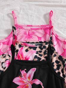 SHEIN Conjunto de 3 peças para meninas: vestido de alças finas, vestido sem mangas com estampa floral xadrez e elástico, vestido casual com estampa por toda a peça, decote nas costas e alças finas, com elasticidade média, ideal para férias de verão e festas. - Multicolorido - Ver 5