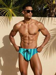 Manfinity Swimmode 男士条纹抽绳夏季沙滩泳裤 - 藍色 - 查看 3