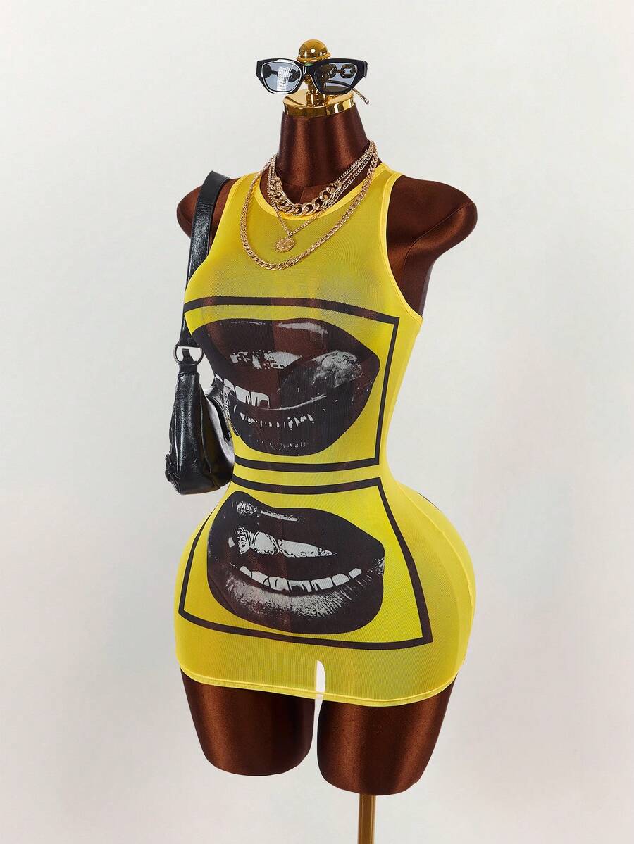 Amplova Face & Lip Print Sheer Bodycon Mini Dress,Summer Dresses For Women - Multicolor - View 1