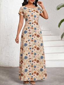 SHEIN Lady Đầm dài tay ngắn cổ tròn in hoa thanh lịch dành cho nữ, kiểu dáng đi nghỉ mát. - Nhiều màu - Xem 5