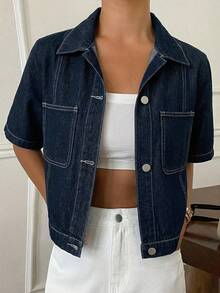 Livesso Áo khoác denim nữ mùa hè kiểu dáng thường ngày có túi và cài nút phía trước - Màu xanh lam - Xem 1