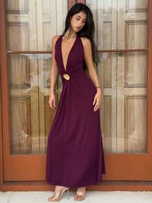 AmyJordy Đầm maxi nữ màu đỏ tía trơn, chất liệu dệt kim, hở lưng, kiểu dáng xòe rộng với chi tiết kim loại, một chiếc đầm thanh lịch phù hợp cho các lễ hội, đám cưới, sinh nhật, lễ tốt nghiệp, đầm ôm sát, đầm mùa thu cho nữ, trang phục Giáng sinh, trang phục Halloween cho nữ, trang phục hẹn hò cho nữ, đầm dự đám cưới, đầm dự đám cưới thanh lịch, cho mùa thu và mùa đông, kiểu đuôi cá, trang phục Bohemian, trang phục Ibiza, trang phục dự tiệc kiểu phương Tây. - Màu Đỏ Sâu - Xem 4