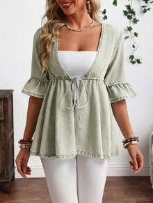 EMERY ROSE Plus Size Casual Drawstring Waist Denim Jacket - Green - View 4