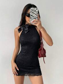 SHEIN PETITE Damen Spitze halb-transparentes trägerloses kurzes sexy Kleid - Schwarz - Übersicht 1