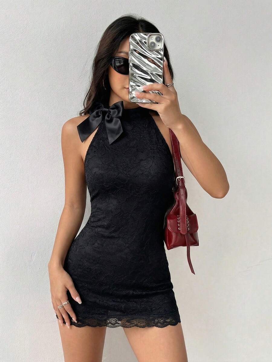 SHEIN PETITE Damen Spitze halb-transparentes trägerloses kurzes sexy Kleid - Schwarz - Übersicht 1