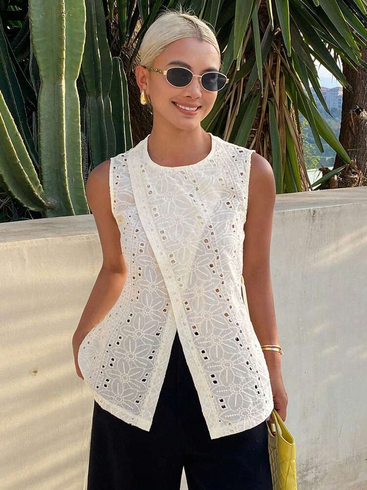 Solid Color Jacquard Hollow-Out Fabric Round Neck Sleeveless Oblique Collar Split Elegant Summer Vacation Women Blouse