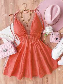 Everyssa 女士纯色褶皱休闲派对外出吊带裙 - 亮橙色 - 查看 1