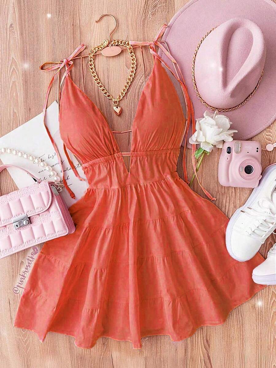 Everyssa 女士纯色褶皱休闲派对外出吊带裙 - 亮橙色 - 查看 1