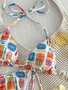 Swim Mod 女士甜美印花挂脖比基尼套装，侧边系带，适合海滩和海边，春夏款 - 彩色 - 查看 4