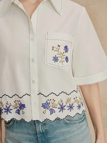 Áo sơ mi nữ ngắn tay Anewsta Xuân/Hè thời trang mới, thêu họa tiết, xếp ly, kiểu dáng thanh lịch, thường ngày. - trắng - Xem 5