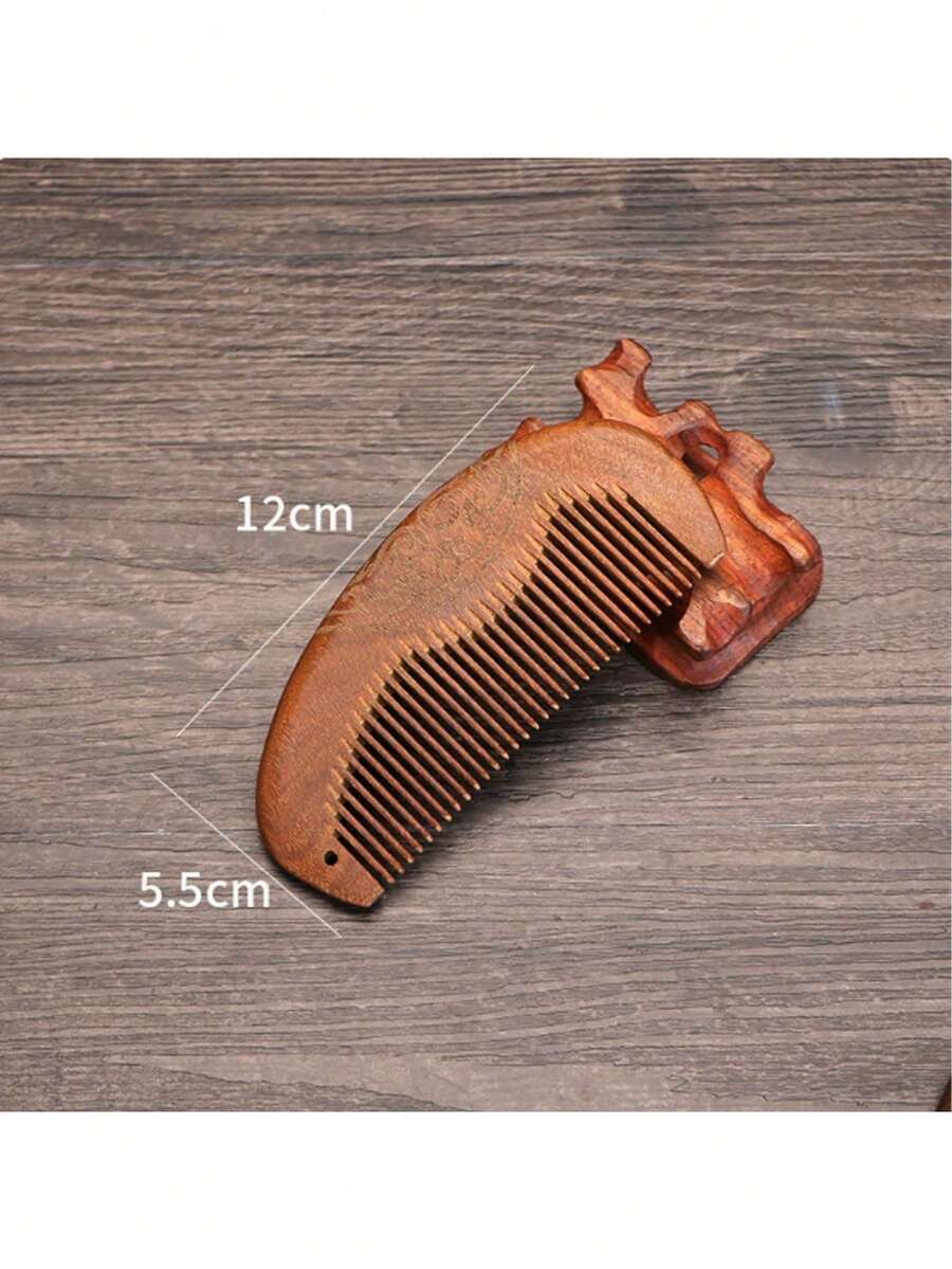 1pc/2pcs Wooden Wide-Tooth Comb, Fine-Tooth Comb, Simple Retro Pattern Carving, Women's Hair Comb, Anti-Static, Men's Beard Comb - Rust Brown - View 1