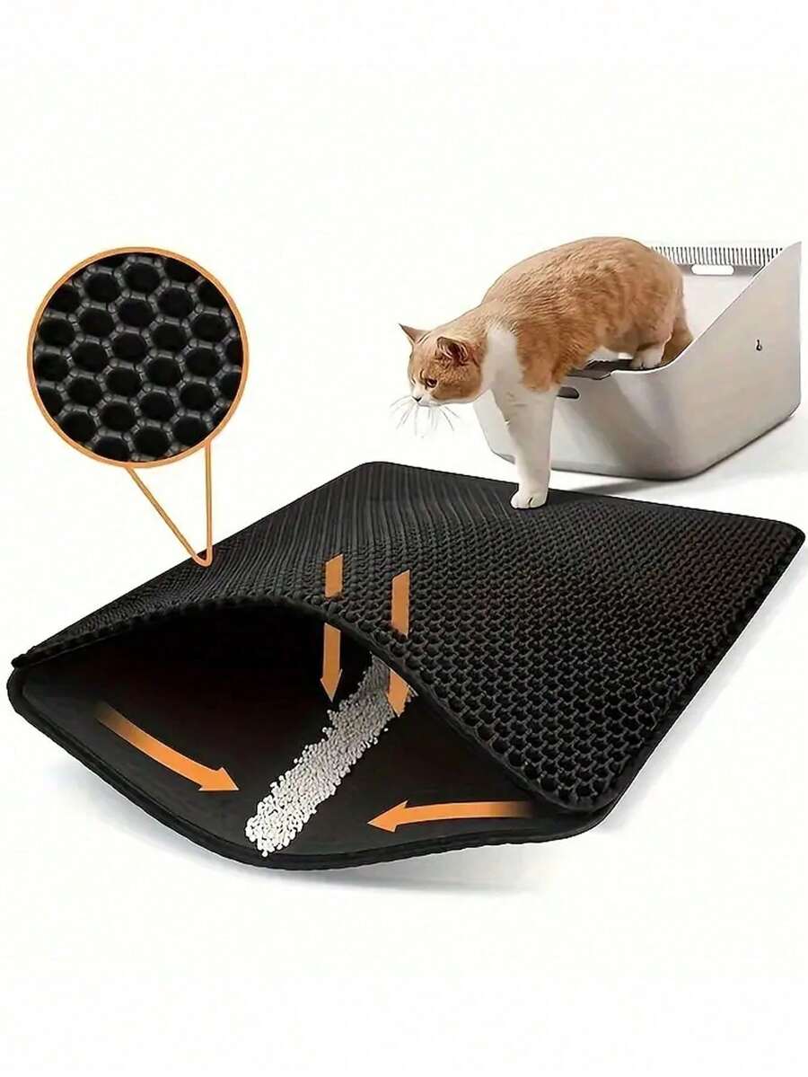 1pc Double Layer Cat Litter Mat, Anti-Slip Pet Cleaning Mat For Catching Litter, Waterproof Cat/Dog Litter Box Mat - Black - View 1