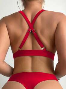 SHEIN Swim 女士纯色交叉露背性感比基尼泳衣套装，夏季沙滩装 - 紅色 - 查看 6