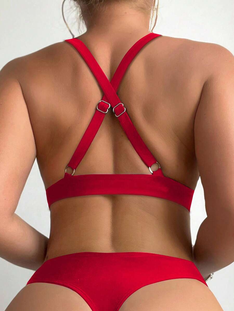 SHEIN Swim 女士纯色交叉露背性感比基尼泳衣套装，夏季沙滩装 - 紅色 - 查看 1