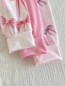 Conjunto de 6 piezas de pijama para niñas, top de manga larga con estampado de moño minimalista y moño 3D, y pantalones, conjunto de ropa de dormir - Multicolor - Ver 6