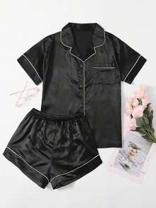 LuxeNights Plus Contrast Piping Satin Pajama Set - Black - View 7