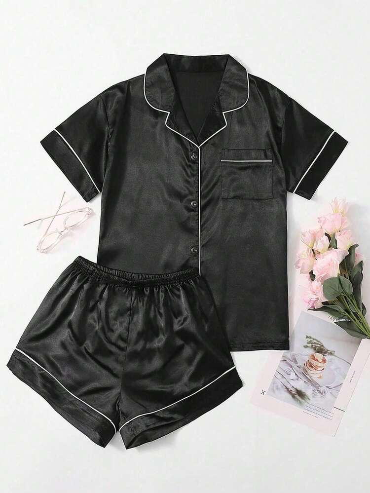 Plus Contrast Piping Satin Pajama Set