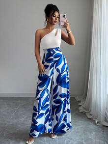 SHEIN Elenzya 女士斜肩拼接印花直筒连体裤 - 寶藍色 - 查看 3