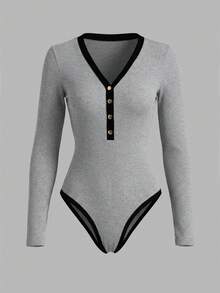 INAWLY Women's Deep V-Neck Casual Versatile Daily Wear Bodysuit - Grey - View 4