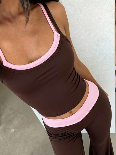 Set de 2 piezas Camiseta de tubo vintage marrón y rosa + Pantalones acampanados ajustados para niñas talla grande, conjunto de verano
