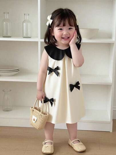 Souflis Souflis Baby Girls' Summer Ladylike Princess Madeline Style Black Collar Apricot A-Line Dress, Black Bow Decor, Suitable For Party And Daily Wear