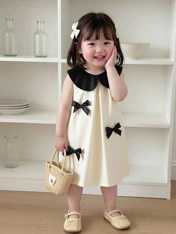 Souflis Souflis Baby Girls' Summer Ladylike Princess Madeline Style Black Collar Apricot A-Line Dress, Black Bow Decor, Suitable For Party And Daily Wear