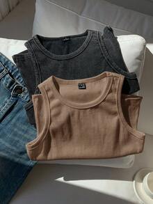 Comfortcana 2pcs/Set Black & White Solid Color Sleeveless Washed Comfortable Ribbed Crew Neck Knit Tank Top, Plus Size, Spring/Summer - Multicolor - View 4