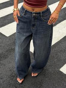 Livesso 女士休闲日常水洗斜插口袋阔腿牛仔裤 - 藍色 - 查看 4