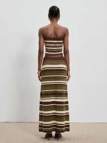 ATUI Studio 女士度假休闲条纹针织抹胸上衣和宽松长裙两件套 - 棕色 - 查看 4